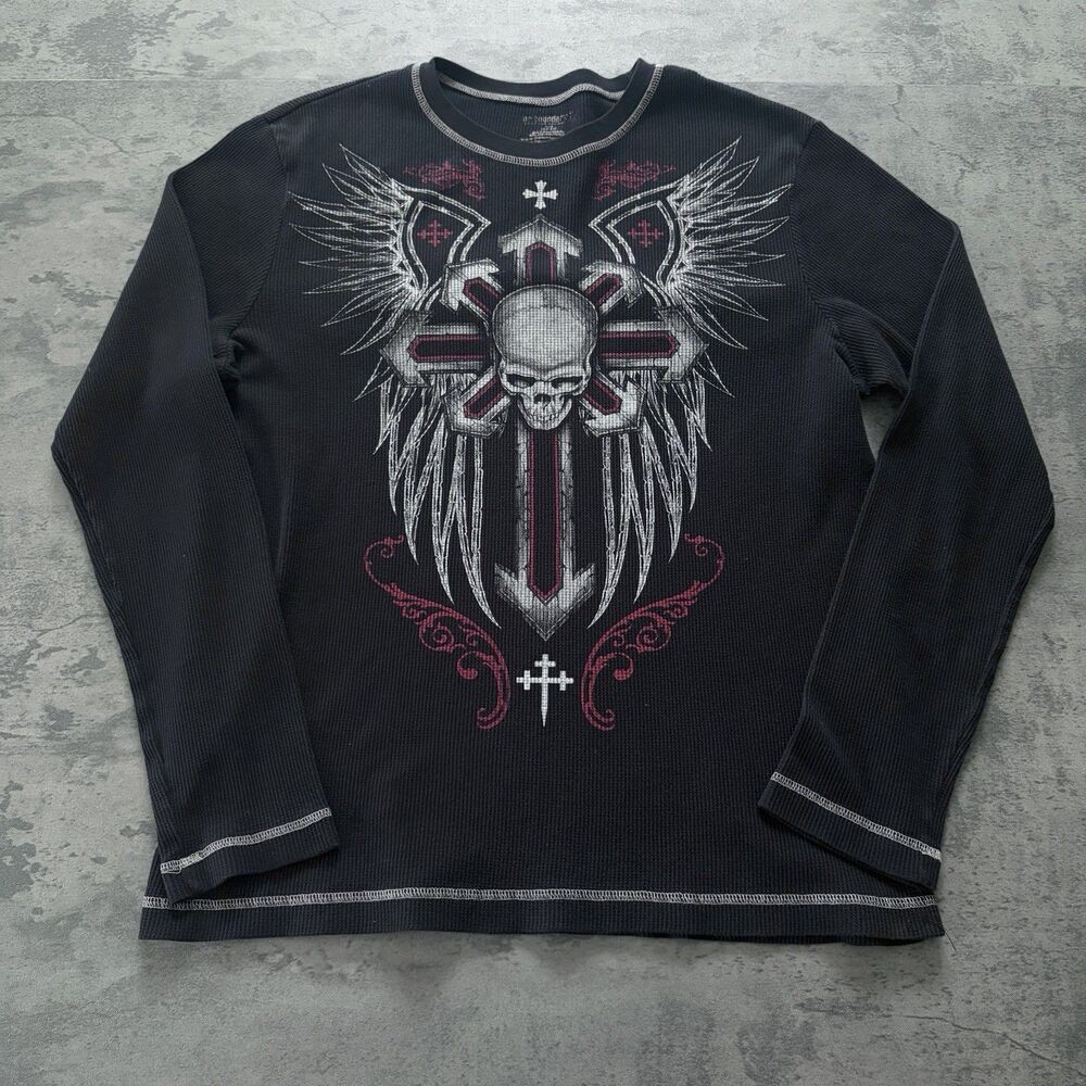 No Boundaries Vintage Y2K Goth Skull Print Black Thermal Long Sleeve Tee Size LG